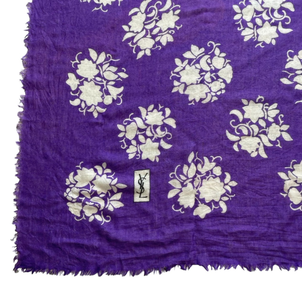 Huge YSL Vintage 1980s Saint Laurent Purple Floral Wool Challis Scarf 51”x 53”